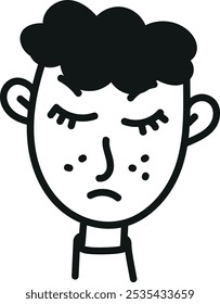 Doodle simple de un niño triste con el pelo negro, acné, y pecas en su cara, simbolizando depresión y tristeza.