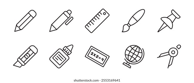 simple doodle school supply object icon set education study student stationery learning equipment signs vector line illustration