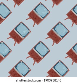 Simple doodle seamless pattern with brown vintage television print. Blue background. Vector illustration for seasonal textile prints, fabric, banners, backdrops and wallpapers.