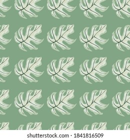 Simple doodle seamless pattern with hand drawn houseplant monstera silhouettes. Doodle foliage green artwork. Decorative backdrop for fabric design, textile print, wrapping, cover. Vector illustration