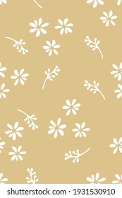 Simple doodle seamless pattern Hand drawn white small flowers leaves sprigs light background. Monochrome minimalist botanical background, vector illustration
