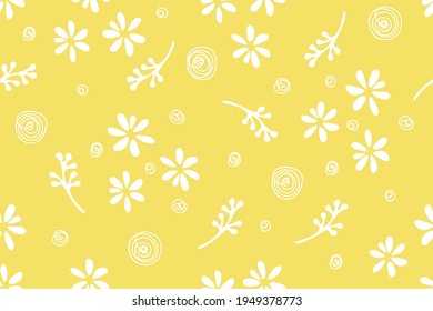 Simple doodle seamless pattern Hand drawn white leaves sprigs on a yellow background. Monochrome minimalist botanical background, vector illustration