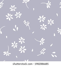 Simple doodle seamless pattern Hand drawn white leaves sprigs on light background. Monochrome minimalist botanical background, vector illustration