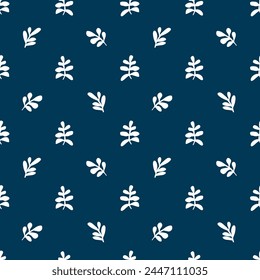 Simple doodle seamless pattern. Hand drawn white leaves of twigs on blue background. Monochrome minimalistic botanical background, vector illustration