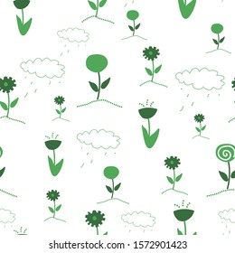 A simple doodle seamless vector pattern with green flowers and rain clouds on a white background. Spring themed surface print design.