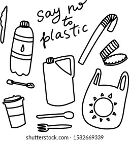 Simple doodle set of plastic icons. Say no plastic. Hand drawn vector illustration. Isolated on white background
