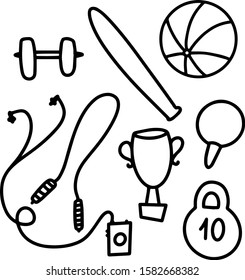 Simple doodle set of sport items. Hand drawn vector illustration. Isolated on white background
