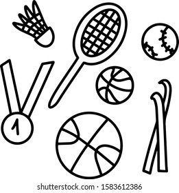 Simple doodle set of sport items. Hand drawn vector illustration. Isolated on white background