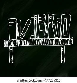 Simple doodle sketch of a bookshelf on a blackboard background