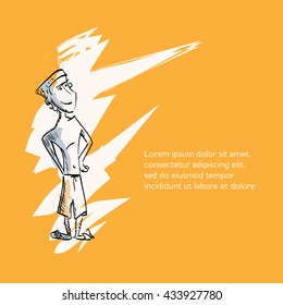 Simple doodle sketch with happy young man in shorts creative poster vector illustration