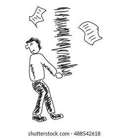 Simple doodle sketch of a man carrying paperwork on white background