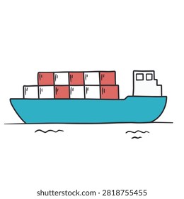 A simple doodle style cartoon drawing of a blue cargo ship carrying stacked red and white shipping containers on the ocean