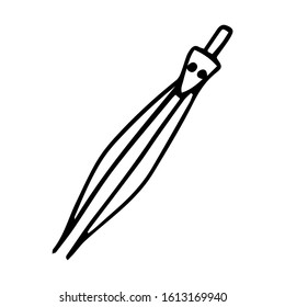 Simple doodle style compass. The element is hand-drawn and isolated on a white background. Black and white vector illustration. Office and stationery. School circle compass for drawing circles