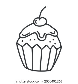 Ein einfacher Kuchen im Doodle-Stil mit einer Kirsche. Eine schädliche Süßspeise-Ikone. Vektorgrafik.