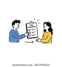 A simple doodle style drawing showing a man handing over a project checklist to a woman for delegation and workflow management