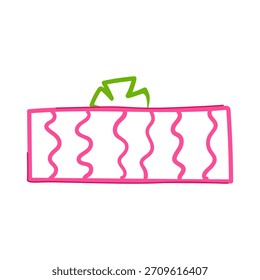 Simples doodle estilo ilustração caixa de presente com linhas onduladas rosa e um arco verde em um fundo branco, representando celebração, presentes e feriados
