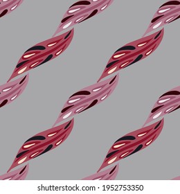 Simple doodle style seamless pattern with pink colored leaves diagonal ornament. Grey background. Decorative backdrop for fabric design, textile print, wrapping, cover. Vector illustration