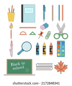 A simple doodle style set of school supplies.