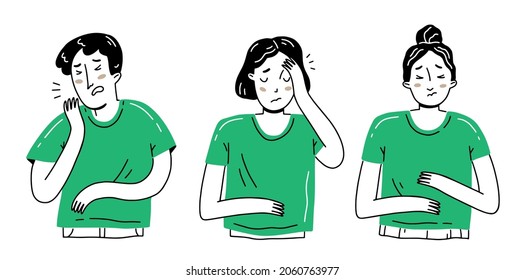 Simple doodle style set with sick people. The man is coughing, his head hurts, his stomach hurts. Vector illustration with characters.
