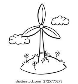 El molino de viento simple del estilo del garabato está en la colina con las flores y la hierba. El molino de viento es alto y tiene tres cuchillas aisladas en el fondo blanco