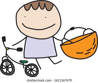 simple doodle styled cartoon picture of a smiling big head kid in light purple outfit holding an orange helmet and a little green seat balance bike with no pedal