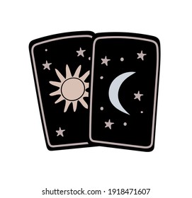 Simple doodle of a tarot card with sun and moon, boho tattoo, symbol of fortune-telling and prediction, icon for witch. Vector illustration isolated on white background.