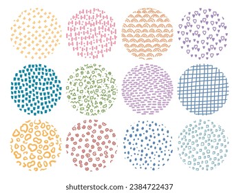 Simple doodle textures. Round hand drawn pattern. Abstract random shapes. Polka dots and checkered print. Minimal strokes. Crosses and stripes. Circle geometric elements