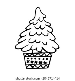 Simple garabato. Árbol de Año Nuevo con contorno negro. Árbol de Navidad en una ilustración vectorial de olla.