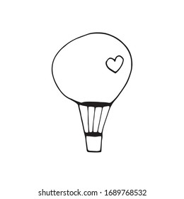 Simple doodle vector air balloon heart for valentine's day cards, posters, wrapping and design. Hand drawn heart, isolated on white backdrop. Geometric shape, symbol Valentine's Day illustration.