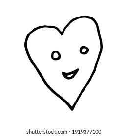 Simple doodle vector heart with smile for valentine's day cards, posters, wrapping and design. Hand drawn heart, isolated on white backdrop. Geometric shape, symbol Valentine's Day illustration.