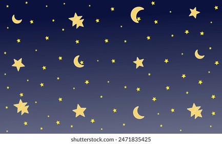 Simple doodle vector illustration of stars and moon on gradient blue background. Suitable for wallpaper, textiles, gift wrapping, covers, etc.