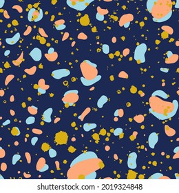 Simple Doodle Vector Patterns. Irregular Hand Drawn Geometric
 Print. Colored Spots isolated on a Dark Blue Background. 
Abstract Repeatable Design ideal for Fabric and wallpaper.