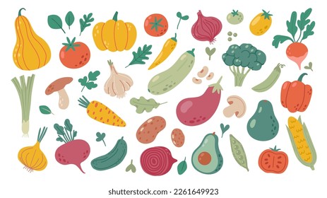 Simple doodle vegetables. Vegan diet grocery products, healthy food cooking ingredients hand drawn vector illustration set. Organic beetroot, garlic, fresh eggplant, pumpkin. Grocery store