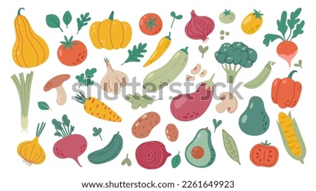 Simple doodle vegetables. Vegan diet grocery products, healthy food cooking ingredients hand drawn vector illustration set. Organic beetroot, garlic, fresh eggplant, pumpkin. Grocery store