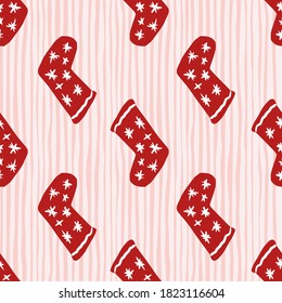 Simple doodle winter seamless pattern with christmas socks. Red colored new year ornament with stars. Light stripped background. For wallpaper, textile, wrapping, fabric print. Vector illustration.