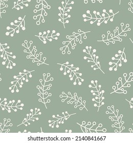 Simple doodled botanical plants seamless repeat pattern. Random placed, vector berry branches leaves all over print on sage green background. 