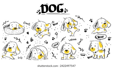 simples garabatos de perros lindos con varias poses y expresiones