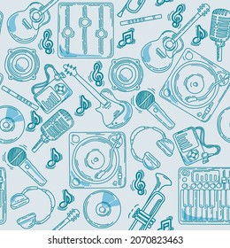 Simple doodles hand drawn Musical seamless pattern with many instruments, with blue tone colors. Can be used for fabric, wallpaper, website, posters, paper, prints, and others.