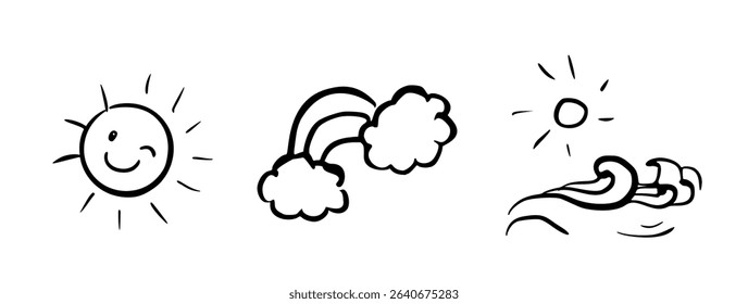 Simple doodles of a playful sun, cheerful rainbow, and dynamic waves. Black and white sketch style. Ideal for casual art projects, childrens illustrations, or educational materials.
