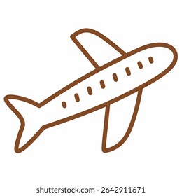 Simple doodle-style airplane icon in brown outline. Great for travel apps, flight websites, tourism ads, vacation design, and transportation illustrations.
