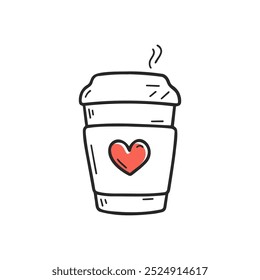 A simple doodle-style coffee cup with a red heart icon on it. Perfect for coffee shop branding, or love-themed illustrations.