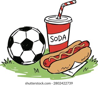 A simple, doodle-style illustration featuring a classic soccer ball, a red soda cup with a striped straw, and a hot dog in a bun with mustard, all resting on green grass. The word SODA is written on