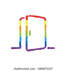 Simple door icon, entrance or exit. Drawing sign with LGBT style, seven colors of rainbow (red, orange, yellow, green, blue, indigo, violet