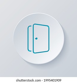 Simple door icon, entrance or exit. Cut circle with gray and blue layers. Paper style