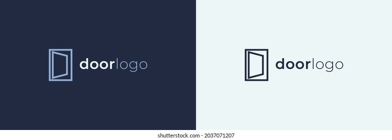 Simple Door Logo Line. Blue Geometric Open Door isolated on Double Background. Flat Vector Logo Design Template Element for Business, Building and Architecture Logos.