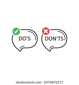 simple do's and don'ts bubble like true or false. flat trend modern guidelines and correct ot incorrect buble logotype graphic popup design. concept of