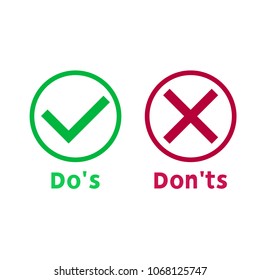 Simple dos and donts like checklist. flat  graphic outline design isolated on white background. Checklist symbol element. Tick and Cross. Vector Illustration