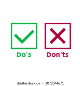Simple dos and donts like checklist. flat  graphic outline design isolated on white background. Checklist symbol element. Tick and Cross. Vector Illustration