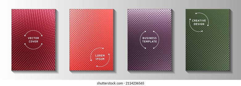 Simple dot faded screen tone cover templates vector collection. Medical catalog perforated screen tone backgrounds. Vintage comics style front page layouts. Optical effects.
