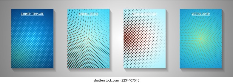 Simple dot perforated halftone front page templates vector set. Digital magazine faded halftone backdrops. Retro comics style cover leaflets. Rectangle folders.